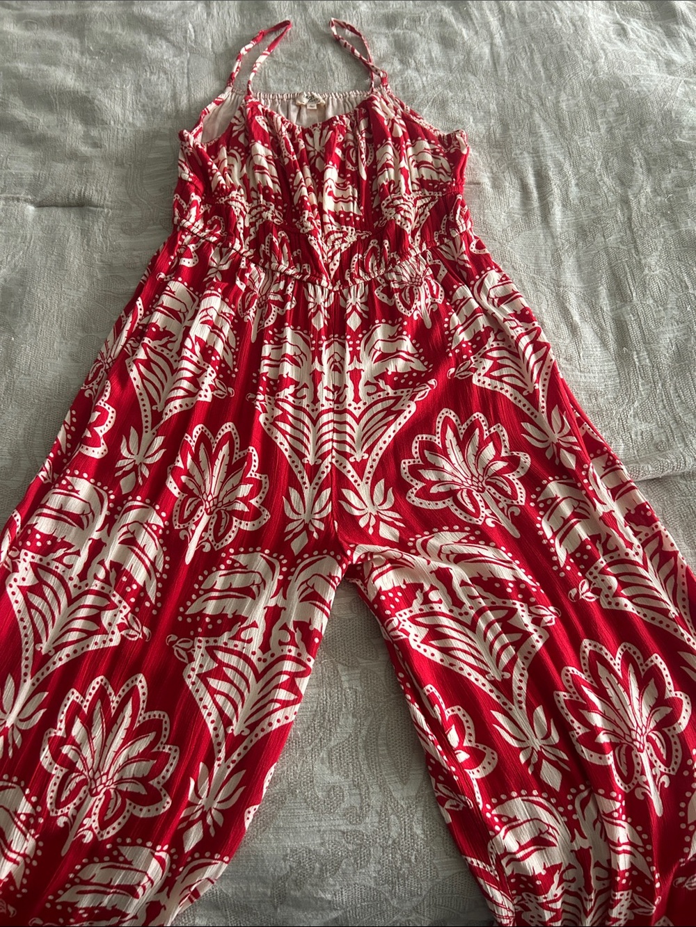 Red Floral Print Women's Jumpsuit - Sleeveless Spaghetti Strap